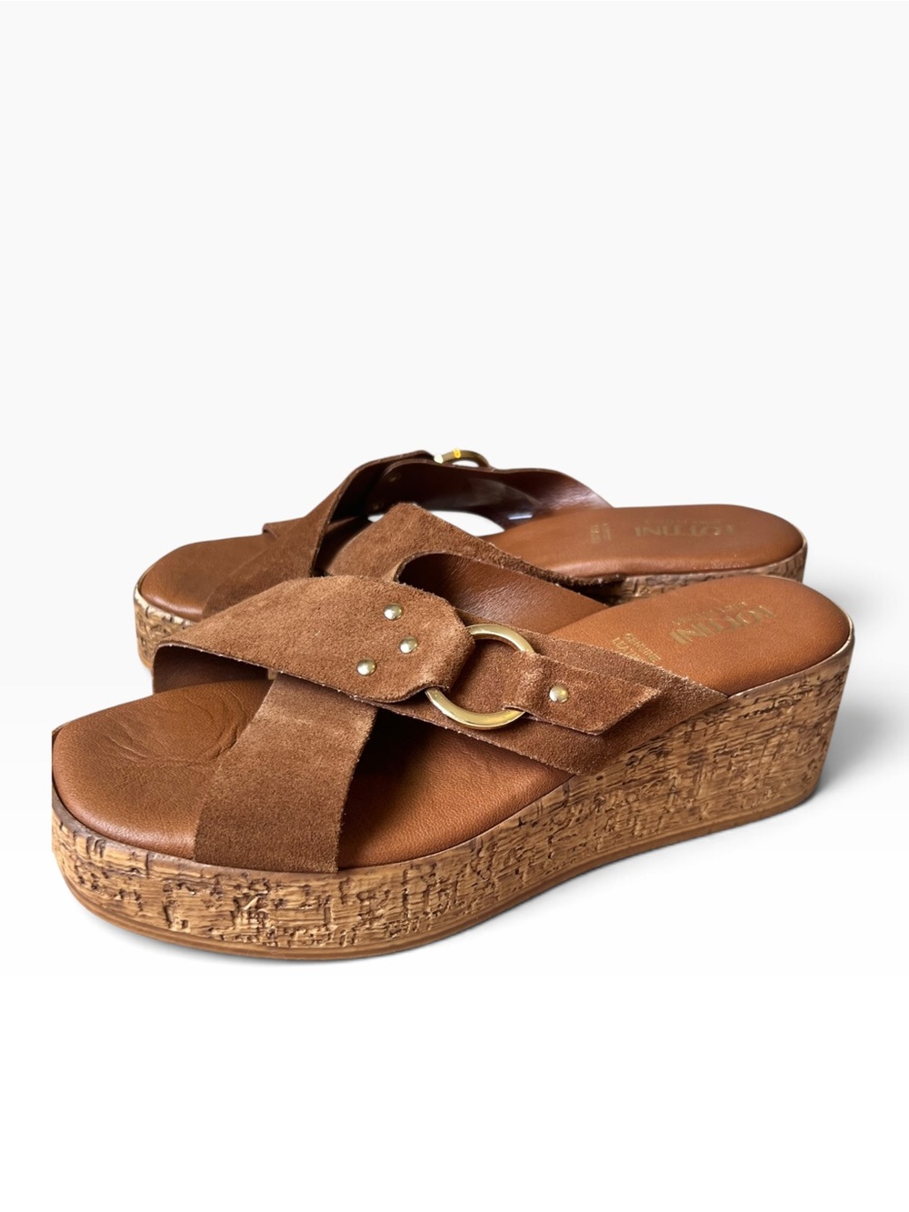 Lottini Brown Suede Leather Platform Cork Wedge Slide Sandals